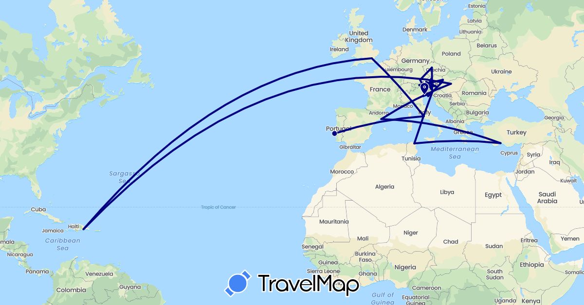 TravelMap itinerary: driving in Austria, Czech Republic, Germany, Dominican Republic, Spain, United Kingdom, Croatia, Hungary, Italy, Portugal, Slovenia, Slovakia, Tunisia, Turkey (Africa, Asia, Europe, North America)